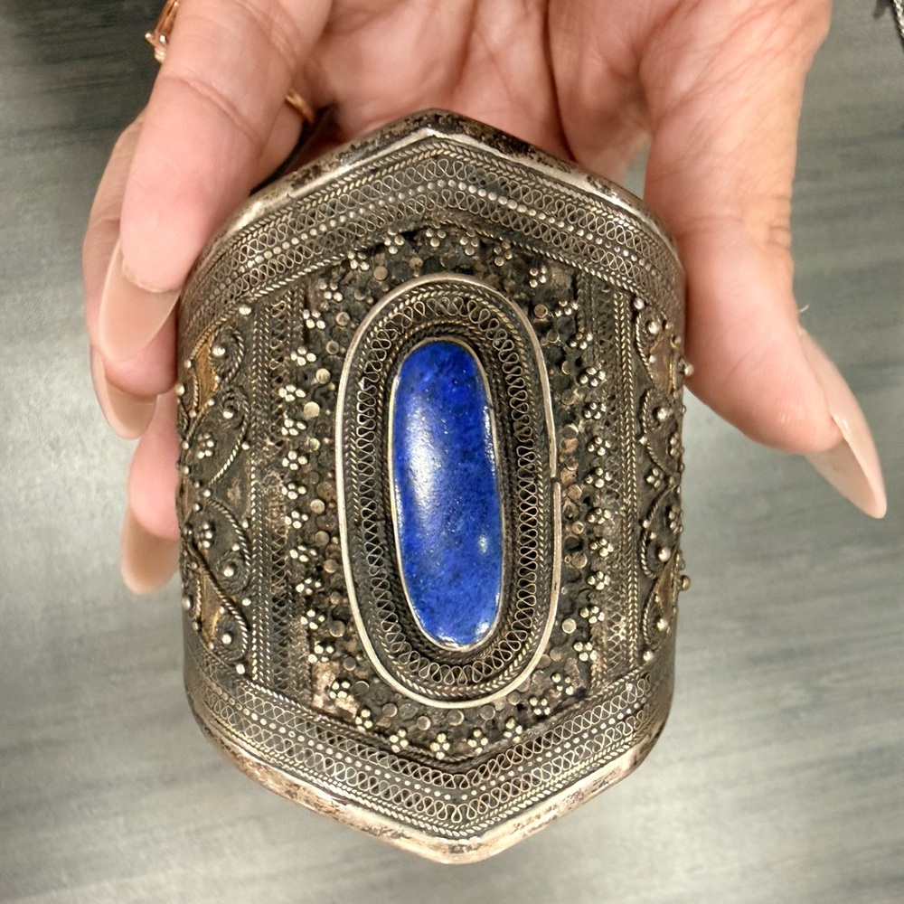 Ornate Silver Metal Cuff with Deep Blue Stone
